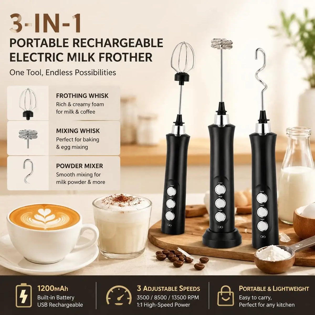 USB Rechargeable Milk Frother Mini Handheld Electric Foam Maker 3 Speed Stainless Steel Whisks for Latte Coffee Cappuccino Hot Chocolate Egg Beater Drink Mixer Blender Kitchen Gadgets Tools Portable Cordless
