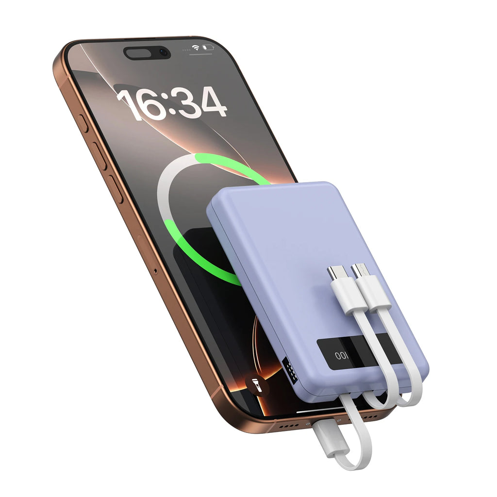 Mini Slim 10000Mah Portable Power Bank, Built-In LED Digital Display, 1 USB-A Port & 3 Integrated Cables, Small Lightweight Design, Multi-Device Simultaneous Charging for Travel, Camping and Emergency, Compatible with Android Phones and Tablets