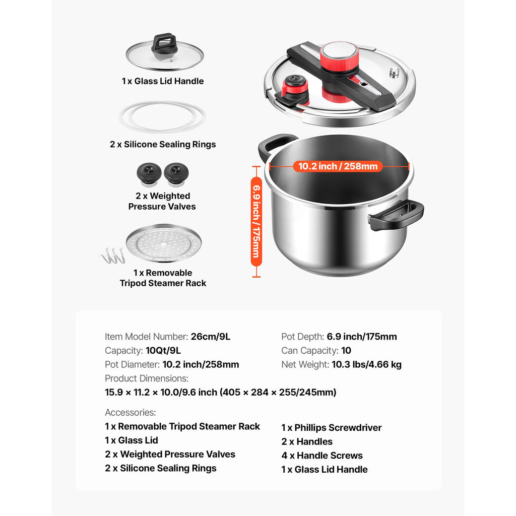 6.3 8 10 12 Qt Pressure Cooker Stainless Steel Pressures Canner with Steaming Rack Tempered Glass Lid for Meat, Beans,