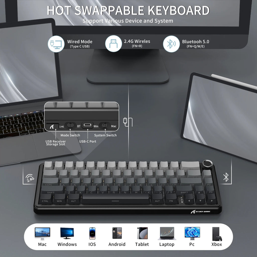 X66 65% Wireless Mechanical Keyboard with Knob, 66 Keys Tri Mode Gasket Hot Swap RGB Gaming Keyboard 60 Percent,Pbt