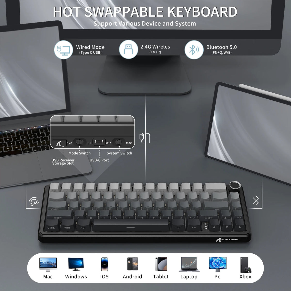 X66 65% Wireless Mechanical Keyboard with Knob, 66 Keys Tri Mode Gasket Hot Swap RGB Gaming Keyboard 60 Percent,Pbt