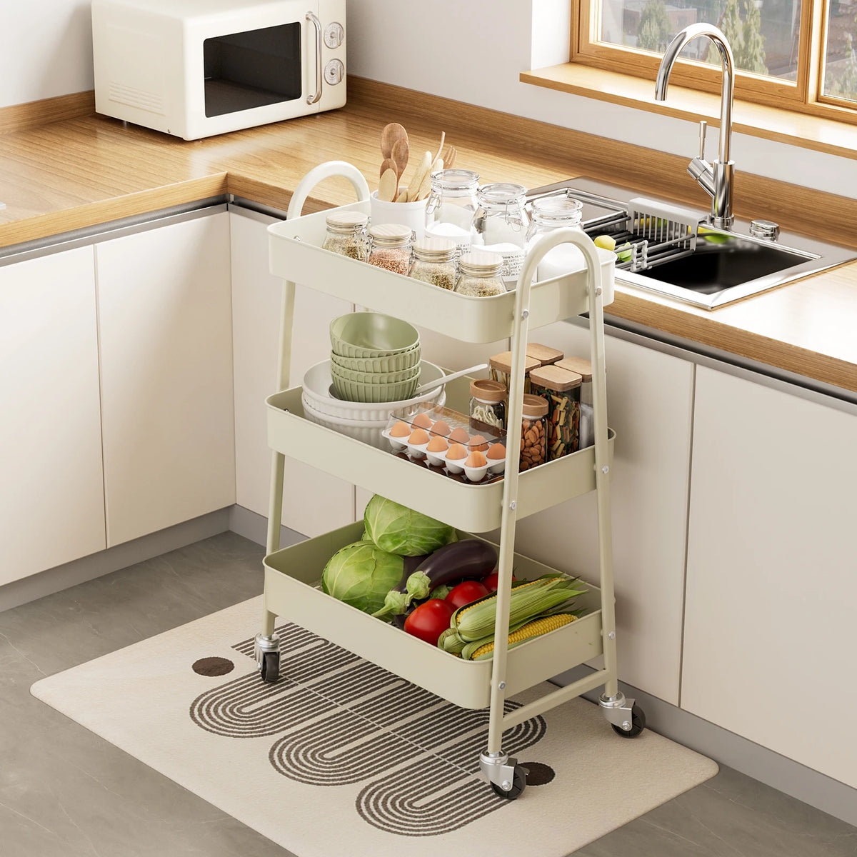 3 Tier Metal Storage Kitchen Cart with Lockable Wheels Mobile Shelving Unit Utility Rolling Organizer for Home Narrow Places