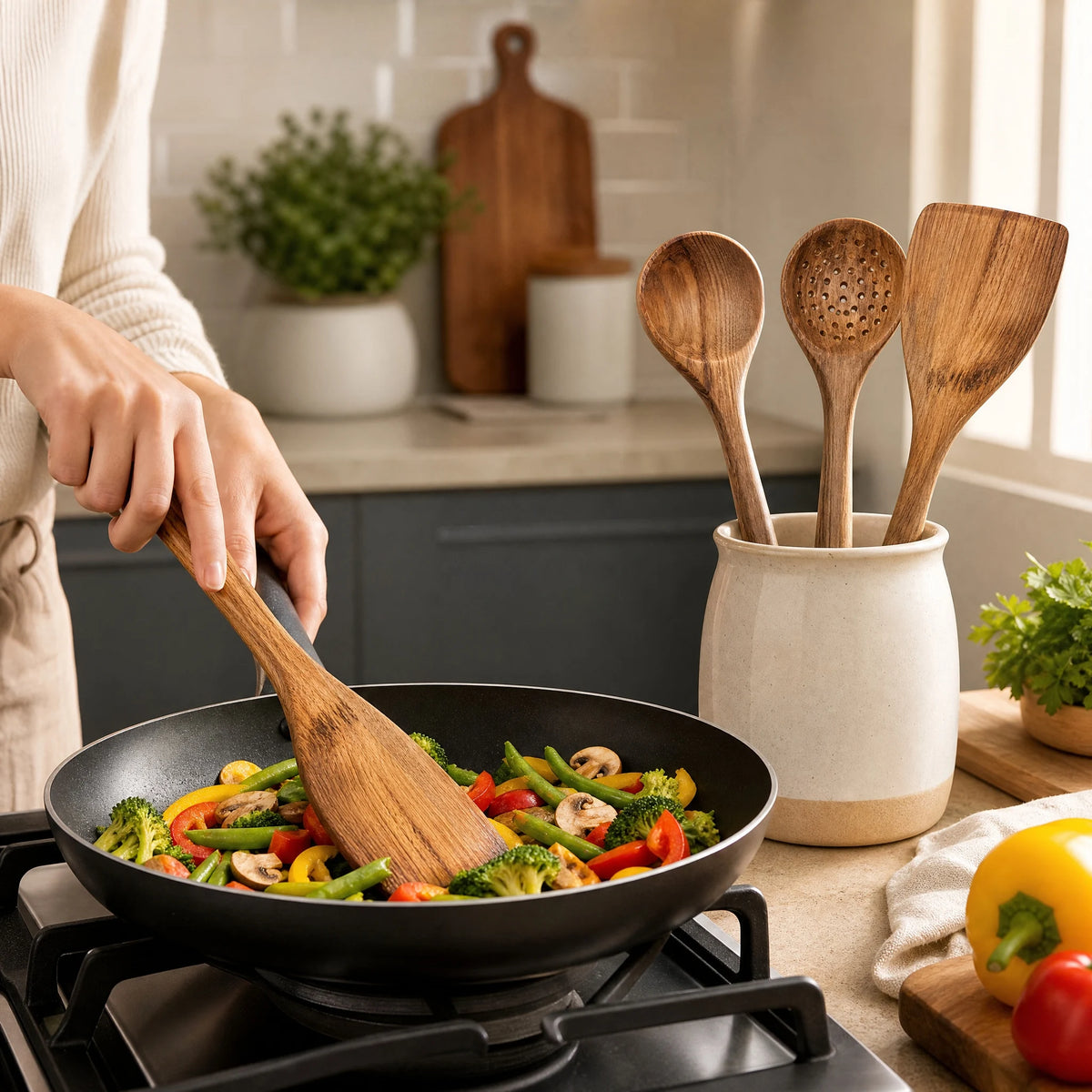 5Pcs Wooden Utensil Set with Hanging Holes, Food Grade Spoons and Spatula 24-33.7Cm, Non-Toxic Smooth Kitchen Tools for Cooking