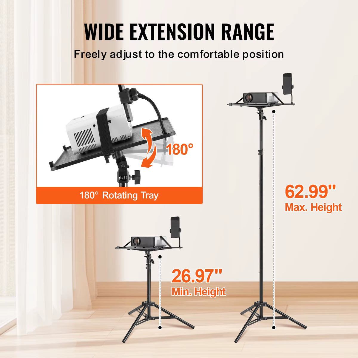 Portable Projector Tripod Stand Adjustable Height W/ Tray & Gooseneck Phone Holder for Outdoor Movies Home Office Stage