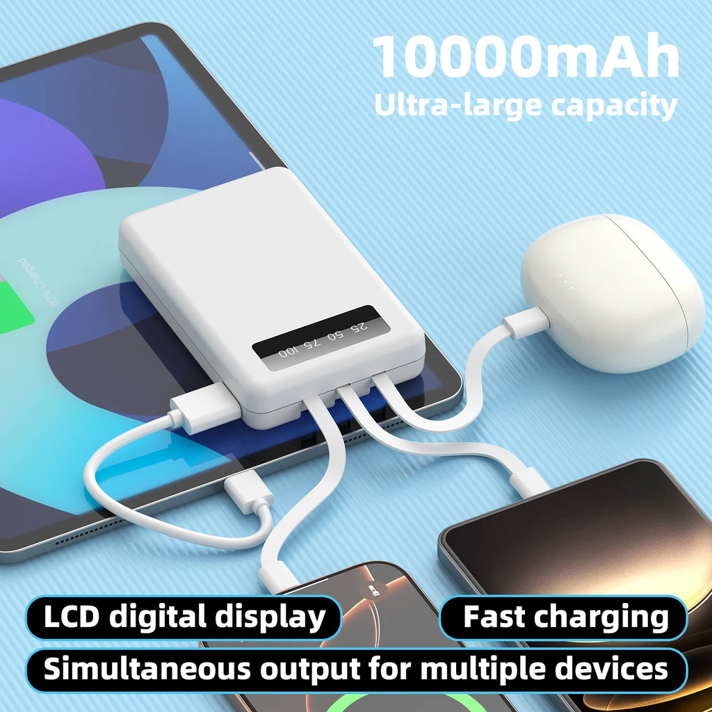 Mini Slim 10000Mah Portable Power Bank, Built-In LED Digital Display, 1 USB-A Port & 3 Integrated Cables, Small Lightweight Design, Multi-Device Simultaneous Charging for Travel, Camping and Emergency, Compatible with Android Phones and Tablets