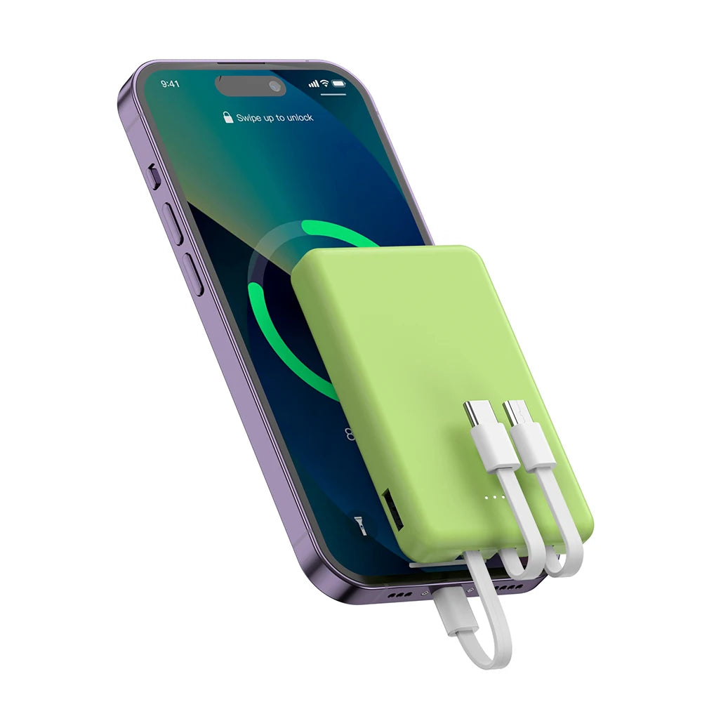 Mini 5000Mah Portable Power Bank with Built-In LED Digital Display, 1 USB-A Port and 3 Integrated Charging Cords, Ultra Compact External Battery Pack, Support Multiple Devices Simultaneous Charging Compatible with Android Smartphones Tablets Travel Emerg