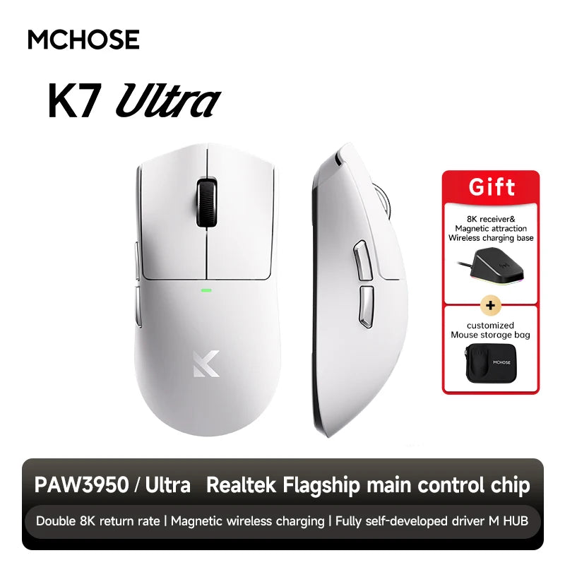K7 Ultra Wireless Gaming Mouse PAW3950 Dual 8K Polling Rate Lightweight Magnetic Wireless Charging Dock Esports Office