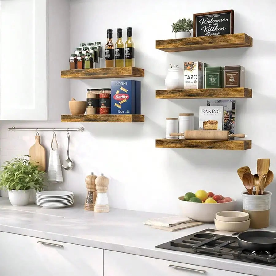 Floating Shelving Unit for Home Goods; Wall Shelves for Bathroom, Living Room, Bedroom, and Kitchen Decor; White Bookshelf with Hidden Brackets; Set of 3