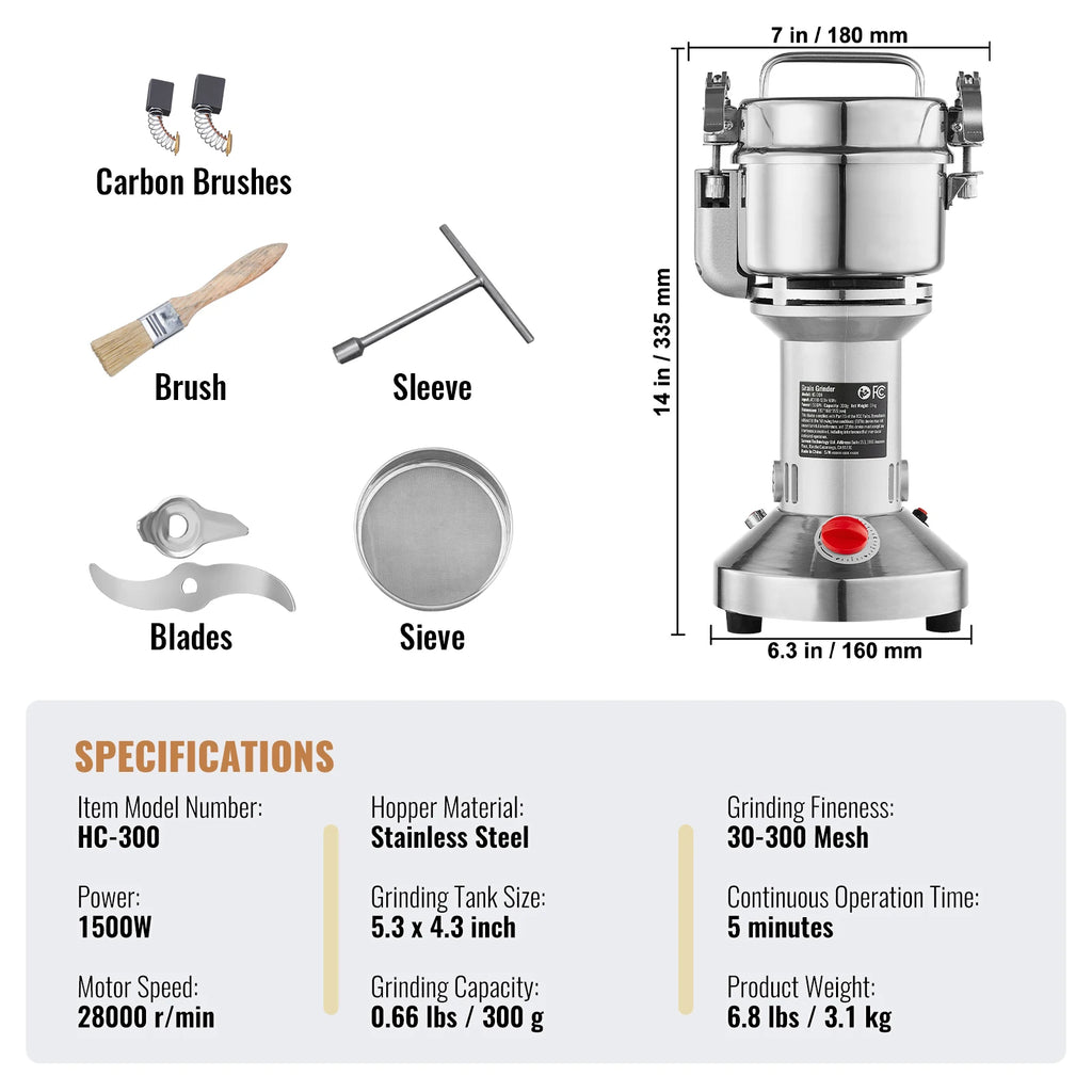 150-2500G Electric Grain Mill Grinder Commercial Swing Spice Grinders for Dry Herbs Grains Spices Cereals Coffee Corn