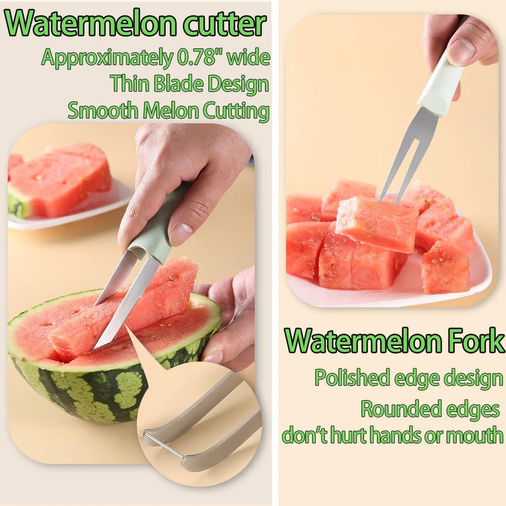 3-In-1 Watermelon Fork Slicer Cutter, 2024 Stainless Steel Fruit Watermelon Cutting Tool Fork Slicer Knife Set for Home Kitchen