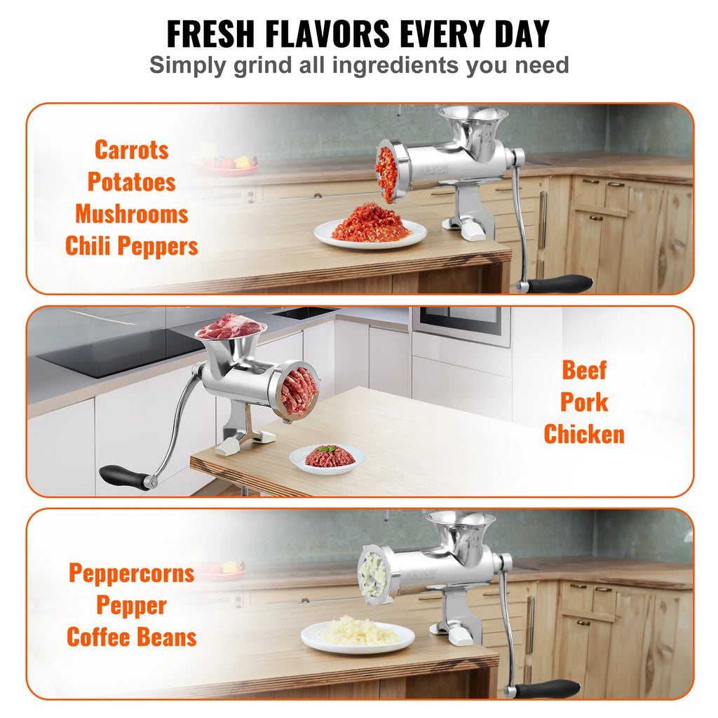 Manual Meat Grinder 304 Stainless Steel Hand Meat Grinder with Steel Table Clamp Meat Mincer Sausage Maker