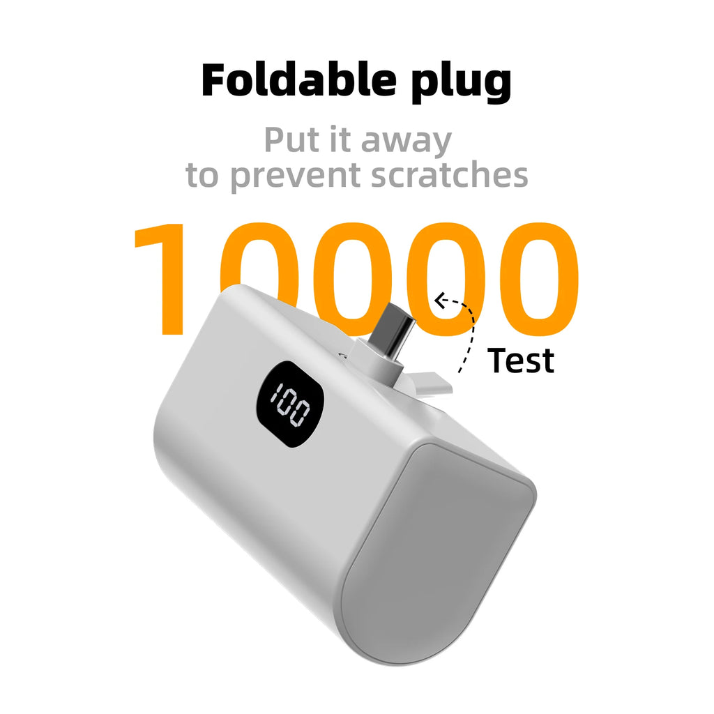 Lightweight 5000Mah Portable Power Bank with Built-In Type C Foldable Functionality, Suitable for Charging All Type C Devices.