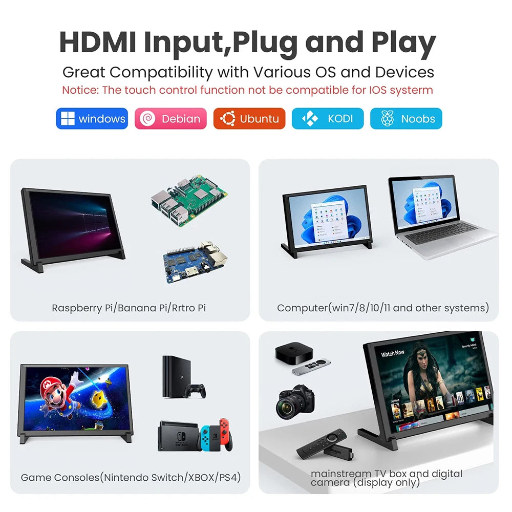 Driver-Free 10-Point Capacitive Touchscreen Monitor 1280X800Px 10-Inch Raspberry Pi Display for Laptop PC Win 7/8/10
